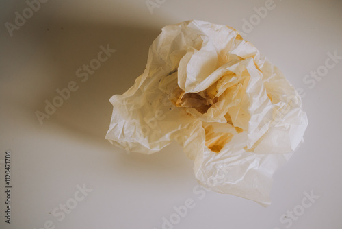 Top view of crumpled, wrinkled baking parchment with croissant marks. The grease stains and paper texture create an authentic look of the baking process. Ideal for visualizing cooking, home baking, an