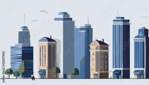 The stunning image artfully showcases a vibrant city skyline filled with tall buildings, green trees, all set against a bright, eyecatching white background