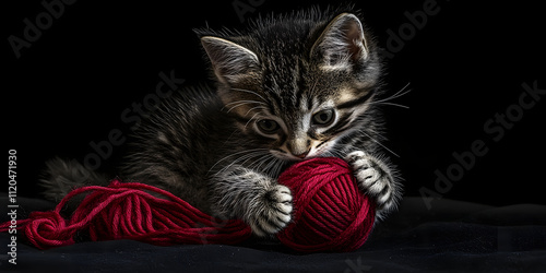 Um gatinho brincalhão brincando com um novelo de lã photo