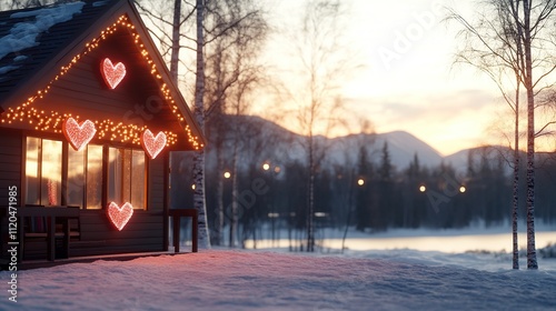 A cozy cabin adorned with heart lights in a snowy landscape at sunset.