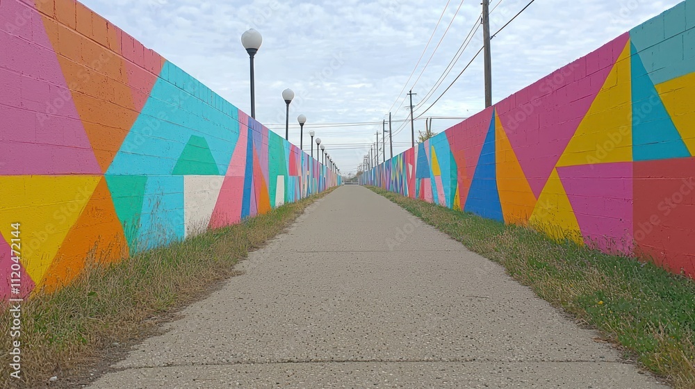 Fototapeta premium Colorful mural along a pathway with street lamps.