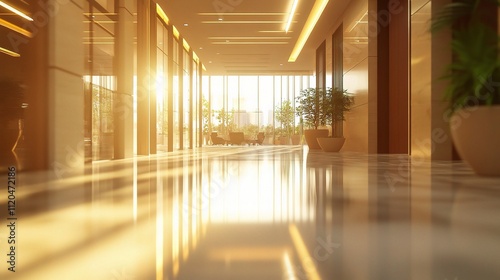 Bright and Spacious Modern Office Hallway with Sunlight Reflection