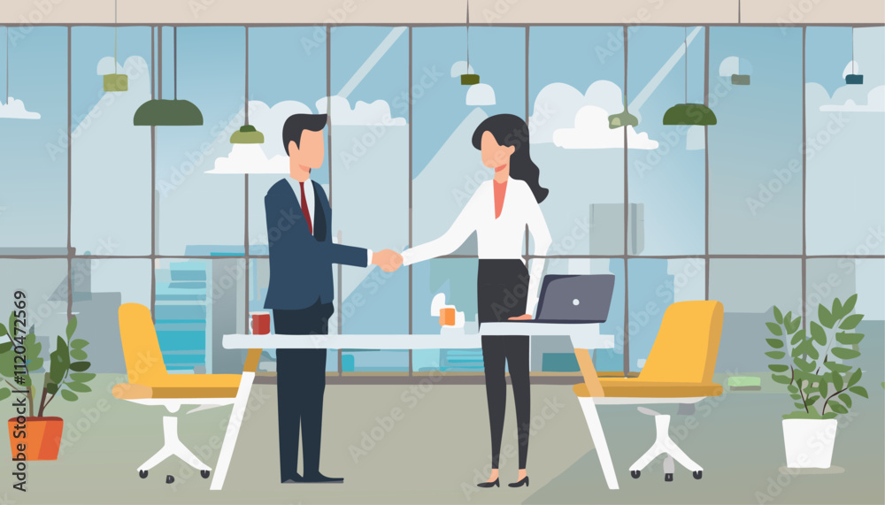 Fototapeta premium In a professional office, a man and woman engage in a friendly handshake, highlighting their commitment to professionalism and collaboration