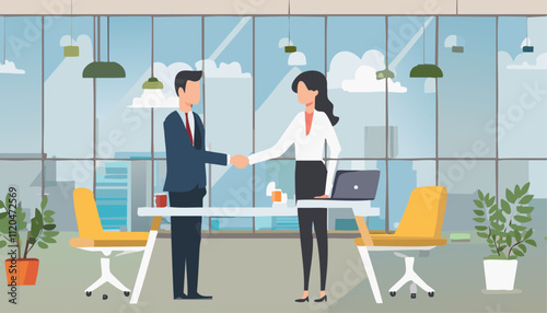 In a professional office, a man and woman engage in a friendly handshake, highlighting their commitment to professionalism and collaboration