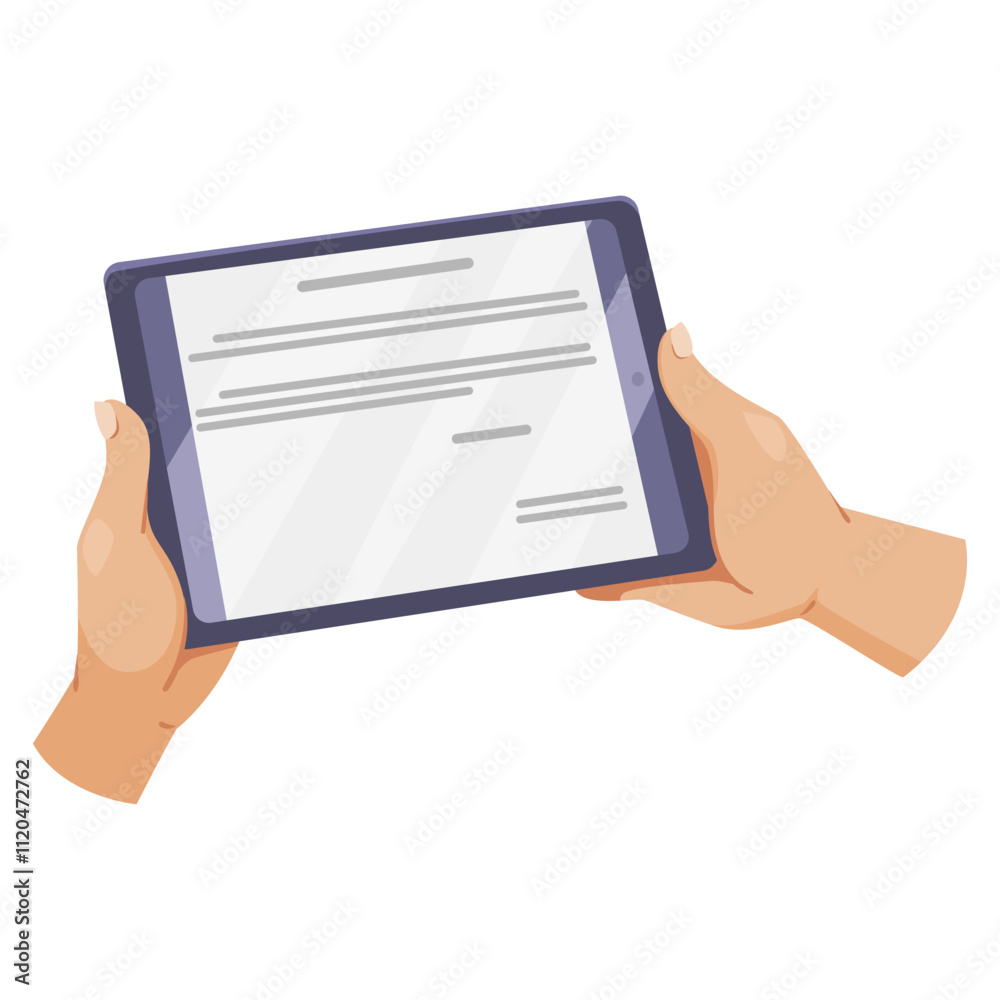 Hands holding a tablet device with displayed text, flat graphic style, isolated on a white background. Concept of digital reading. Vector illustration.