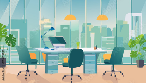 This modern office features sleek desks, breathtaking views of the city skyline, and a generous amount of natural light