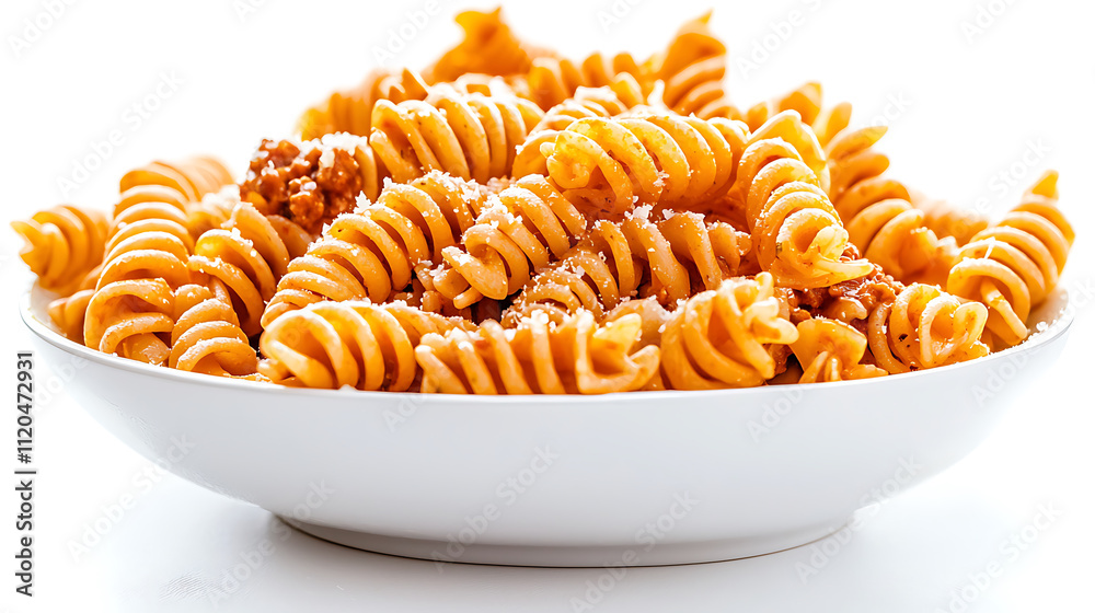 Delicious Italian pasta served in white bowl, topped with grated cheese, showcasing vibrant orange color and spiral shape, perfect for comforting meal Delicious Italian pasta served in white bowl, topped with grated cheese, showcasing vibrant orange color and spiral shape, perfect for comforting meal