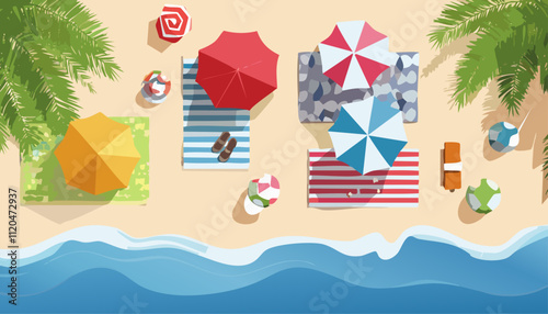 An aerial view captures a breathtakingly picturesque beach, adorned with colorful boats and vibrant umbrellas that provide ample shade for visitors