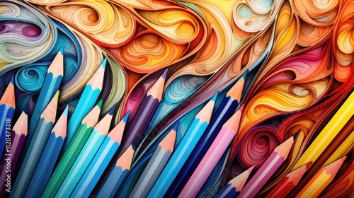 Multicolored pencils on a pastel background drawn with pencils.