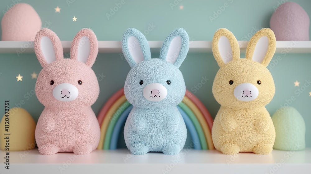 Pastel Easter Bunny Trio on Shelf with Rainbow Pastel Easter Bunny Trio on Shelf with Rainbow