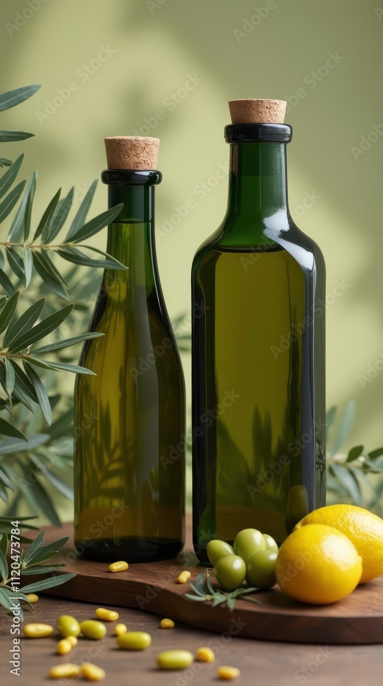 Obraz premium Olive Oil in Dark Green Glass Bottles Displayed With Fresh Olives and Lemons on Wooden Surface. Generative AI