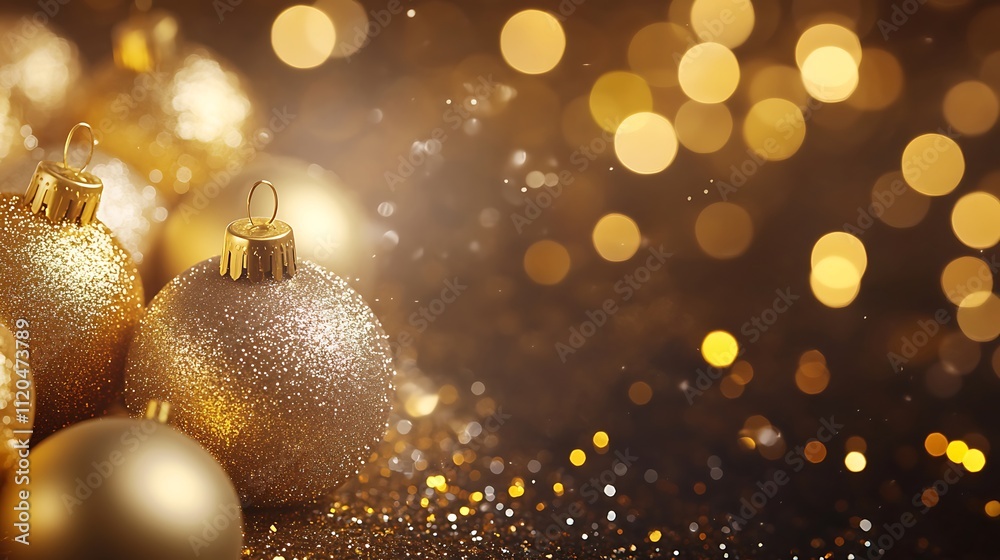 Golden Christmas balls against a blurred New Year's bokeh background, ideal for greeting cards and banners. Golden Christmas balls against a blurred New Year's bokeh background, ideal for greeting cards and banners.