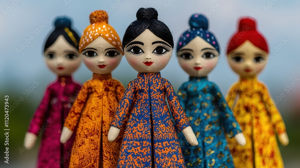 Five handcrafted dolls in traditional clothing stand in a row. Five handcrafted dolls in traditional clothing stand in a row.