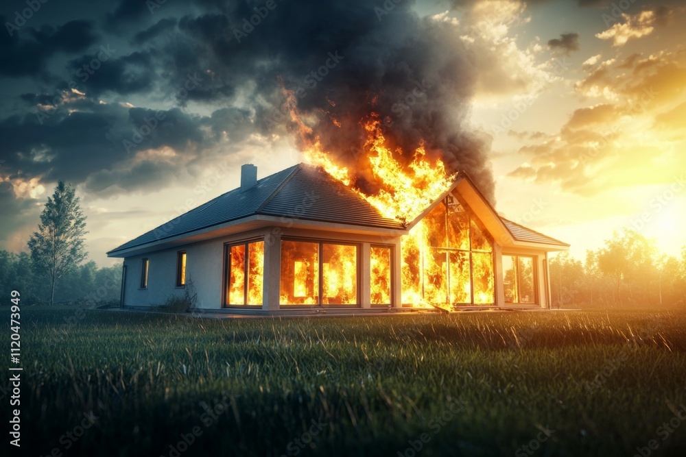 A house is on fire with smoke billowing out of the windows A house is on fire with smoke billowing out of the windows
