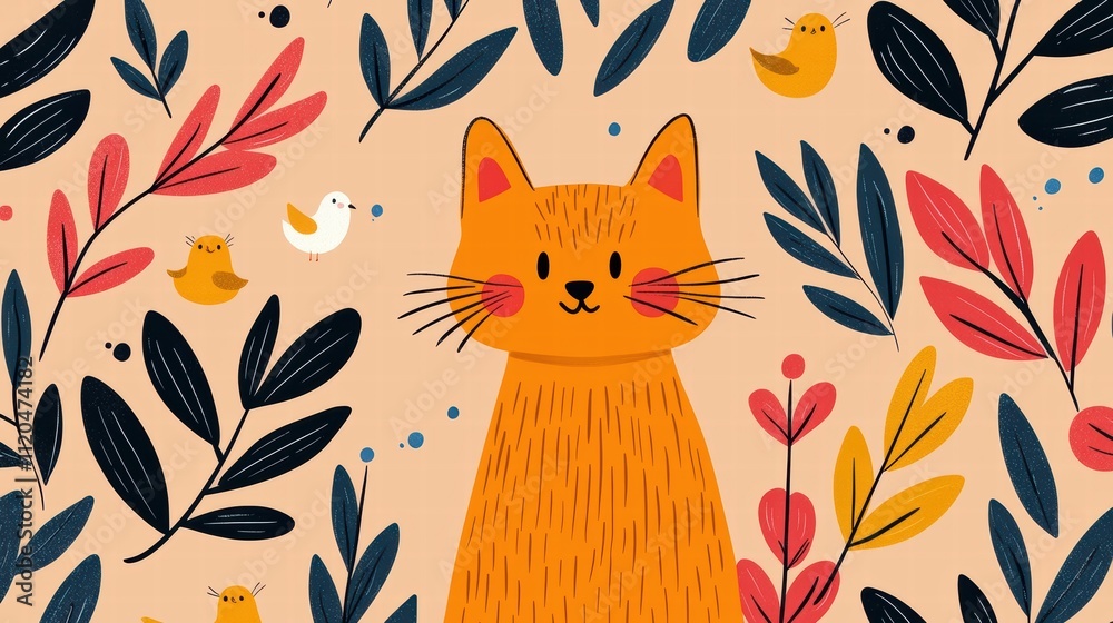 Cute ginger cat surrounded by colorful leaves and birds. Cute ginger cat surrounded by colorful leaves and birds.