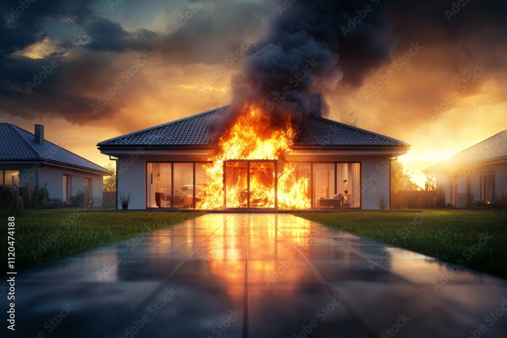 A house is on fire with smoke billowing out of the windows A house is on fire with smoke billowing out of the windows