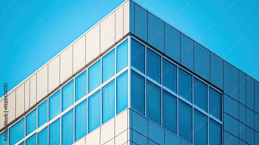 Modern building corner with blue glass windows against a clear sky.