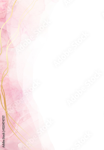 Blush pink watercolor fluid painting vector design card. Dusty rose and golden marble geode frame. Spring wedding invitation. Petal or veil texture. Dye splash style. Alcohol ink.Isolated and editable
