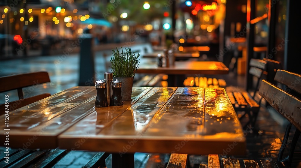 Serene Night Street Scene with Reflections on Empty Tables Serene Night Street Scene with Reflections on Empty Tables