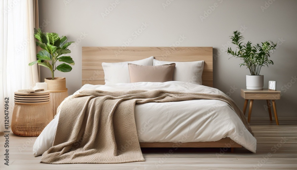 Minimalist bedroom setup with neutral linens and natural decor elements in a serene space. Generative AI