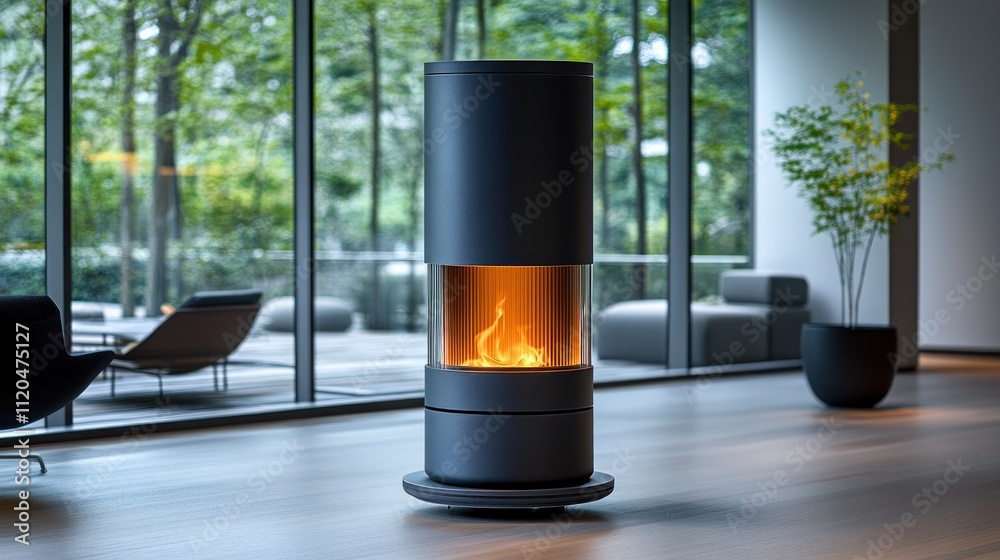 Modern cylindrical fireplace with dancing flames in a contemporary living room. Modern cylindrical fireplace with dancing flames in a contemporary living room.