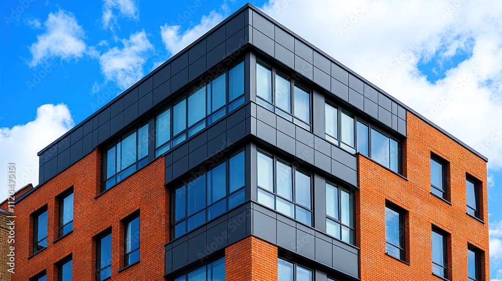 Modern brick building with dark gray accents against a blue sky. Modern brick building with dark gray accents against a blue sky.