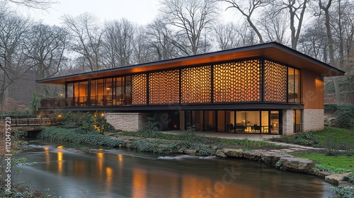 Modern house with illuminated screen wall beside creek.