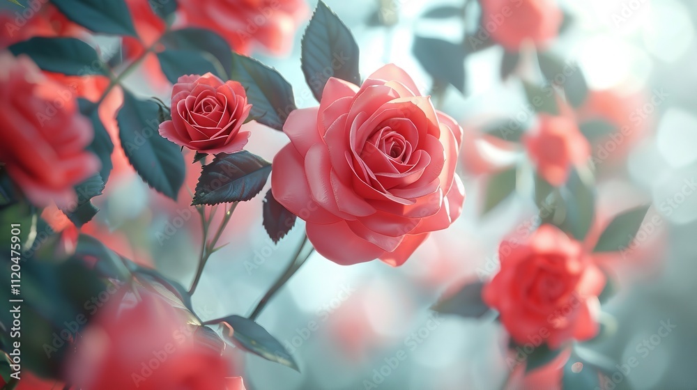 Obraz premium Beautiful arrangement of Peach colored roses with leaves on white background, high resolution photography, insanely detailed