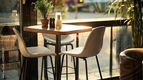 A booth high table with three chairs made of white plastic tops and black legs, set up for a cafe or exhibition display, captured in HD clarity. photo