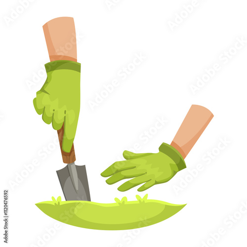 Hands wearing green gloves, holding a gardening trowel and tending grass, on a white background. Concept of gardening and lawn care. Vector illustration.