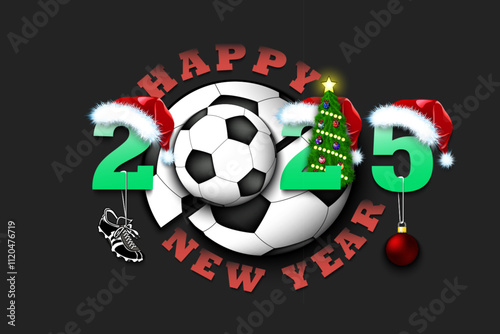 Happy new year. 2025 with soccer ball. Numbers in Christmas hats with football boot and Christmas tree ball. Original template design for greeting card. Vector illustration on isolated background