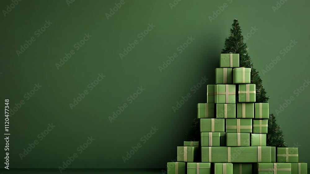 Green Christmas presents stacked to form a festive tree shape, adding a creative touch to holiday decorations. Green Christmas presents stacked to form a festive tree shape, adding a creative touch to holiday decorations.