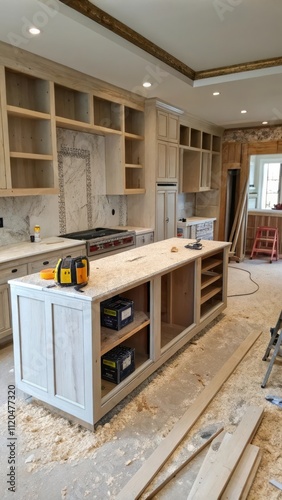 Sawdust Covers the Floor in a Half-Finished Kitchen Renovation Project. Generative AI