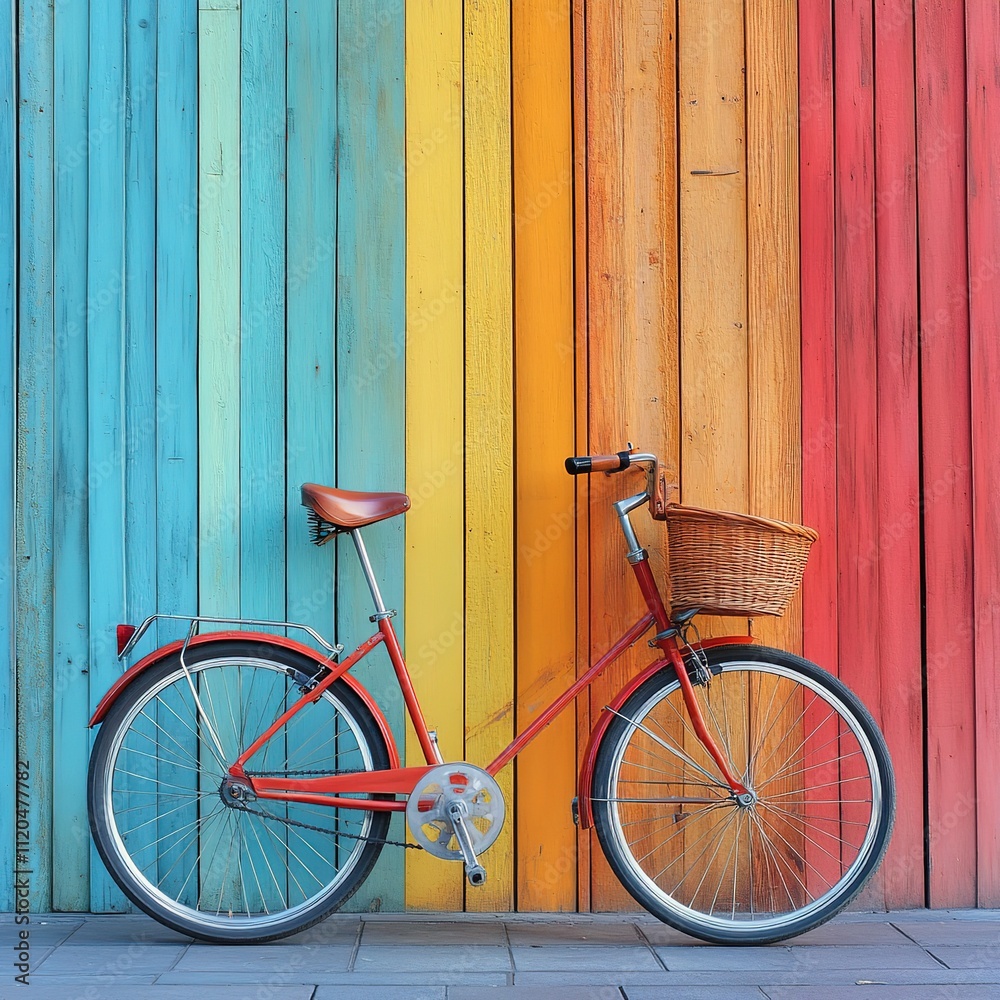 Colorful bicycle against vibrant wooden wall urban setting photography street view lifestyle concept Colorful bicycle against vibrant wooden wall urban setting photography street view lifestyle concept