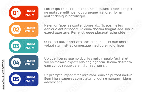Five vibrant, numbered bullet points featuring example text, illustrating steps in a project or process, effectively conveying information in a clear and organized manner