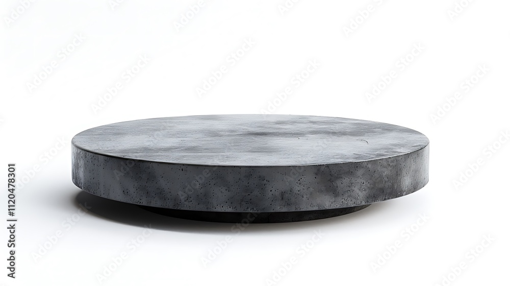 A grey round coffee table, isolated on a pure white background, captured in high-definition detail. A grey round coffee table, isolated on a pure white background, captured in high-definition detail.