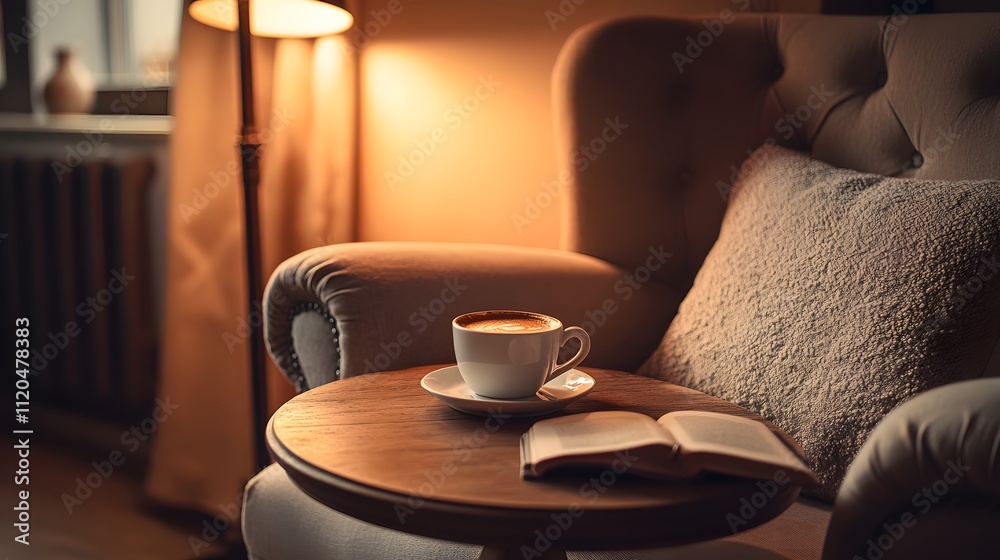 Cozy cafe corner with a rich mocha mousse and a book in a warm, inviting atmosphere during an afternoon break Cozy cafe corner with a rich mocha mousse and a book in a warm, inviting atmosphere during an afternoon break