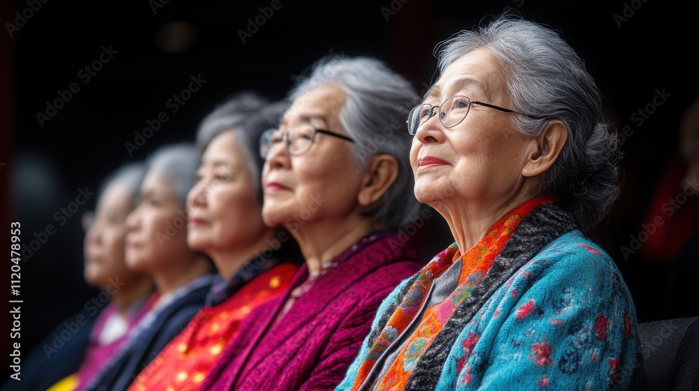 Portrait of five elderly women seated together, showcasing diverse expressions and cultural attire, highlighting the beauty of aging and community bonds in a serene setting. Portrait of five elderly women seated together, showcasing diverse expressions and cultural attire, highlighting the beauty of aging and community bonds in a serene setting.