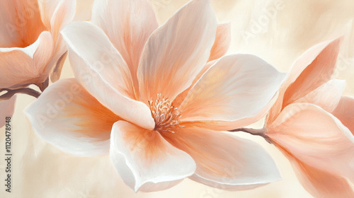 Peach Magnolia Blossom Elegant Floral Painting Spring Flower Art