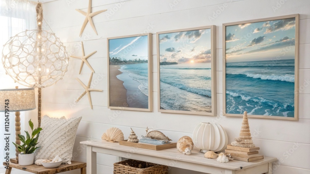 Artful coastal decor adorns the walls including large canvas prints of serene ocean scenes and whimsical seashell arrangements all framed in light wood that complements the rooms Artful coastal decor adorns the walls including large canvas prints of serene ocean scenes and whimsical seashell arrangements all framed in light wood that complements the rooms