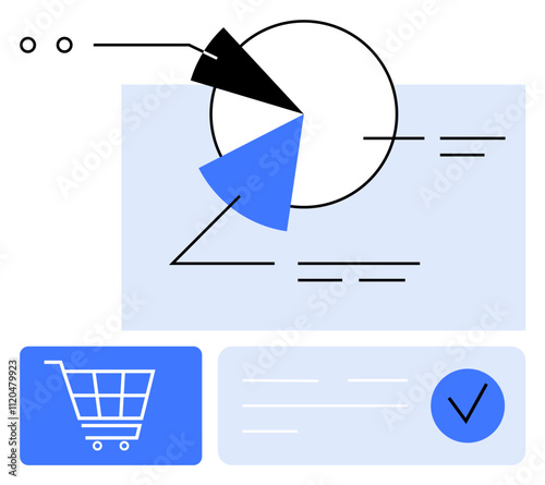 Circular graph with three segments in white, black, blue and online shopping cart icon. Ideal for business reports, e-commerce, analytics, marketing, presentations data visualization finance. Line