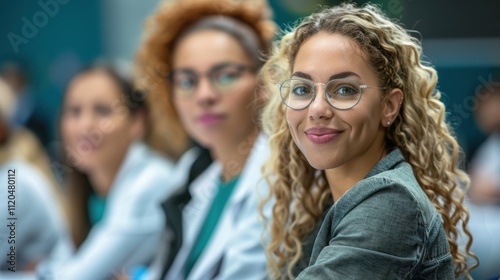 Focused Portrait of a Smiling Woman with Curly Blonde Hair and Glasses Among Colleagues in a Professional Meeting Setting