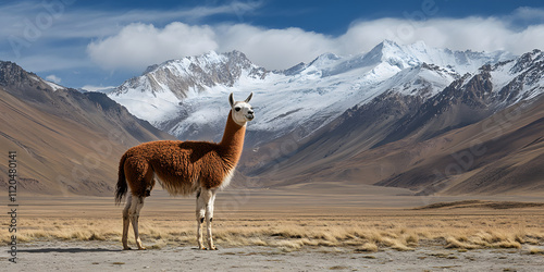 Lama amigável em um cenário de montanhas. photo