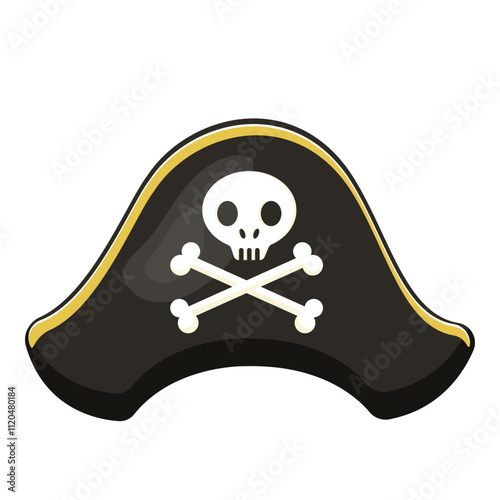 Illustration of a black pirate hat with golden edges, featuring a skull and crossbones design, isolated on a white background. Pirate theme. Vector illustration.