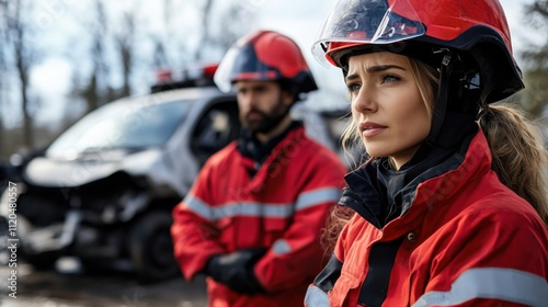 Emergency responders assessing the scene after a vehicle accident, showcasing dedication and teamwork during a critical rescue operation in a natural setting.