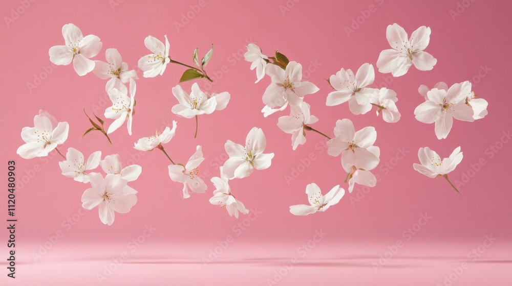 Fototapeta premium Delicate white cherry blossoms floating gracefully against a soft pastel pink background.