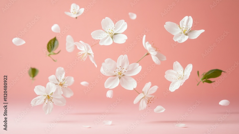 Delicate white cherry blossoms floating gracefully against a soft pastel pink background.
Delicate white cherry blossoms floating gracefully against a soft pastel pink background.