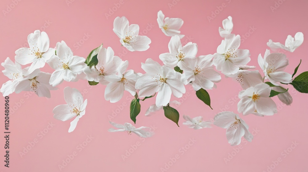 Fototapeta premium Delicate white cherry blossoms floating gracefully against a soft pastel pink background.