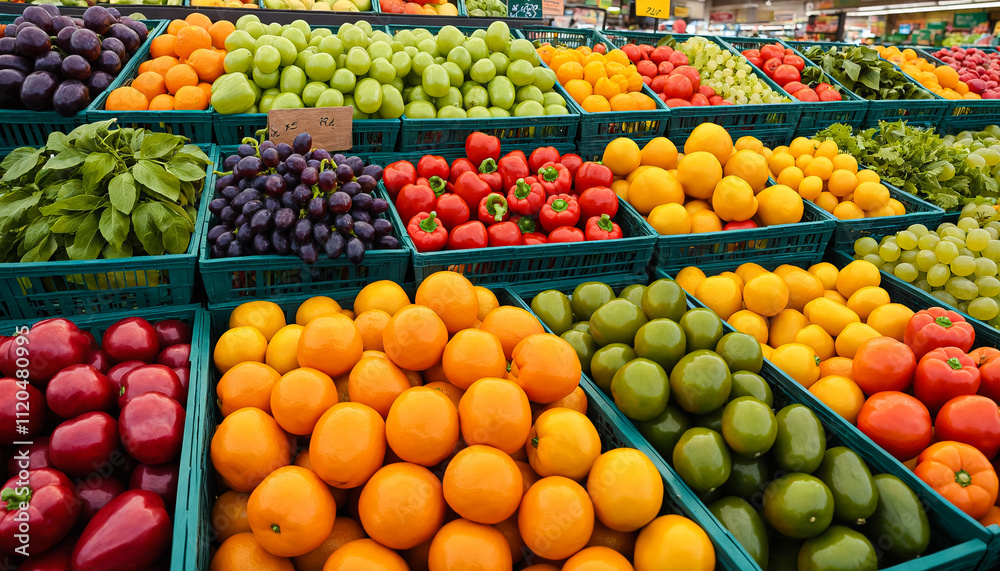 Colorful fruits and vegetables in the produce section of the grocery store. fruits shop Colorful fruits and vegetables in the produce section of the grocery store. fruits shop