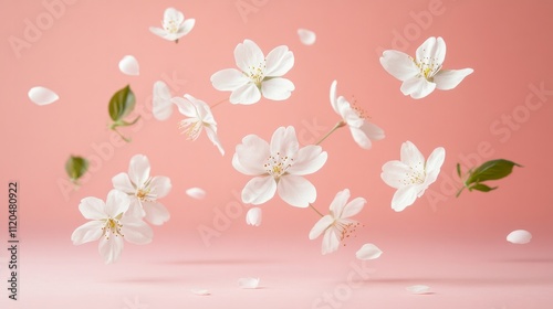 Delicate white cherry blossoms floating gracefully against a soft pastel pink background.